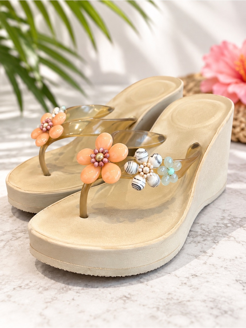 BCBGeneration Floral Jelly Platform Wedge Flip Flops Size 7